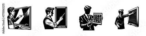 Modern Minimalist Man Pointing Chalk at Board Icon, Flat Silhouette of a Teacher Classroom Vector for Education Illustration Design