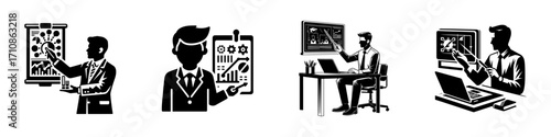 Modern Minimalist Men Using Laptop for Teaching Icon, Flat Silhouette of an Educational Scene Vector for Online Learning Illustration Design