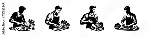Modern Minimalist Man Cutting Vegetables Icon, Flat Silhouette of a Half-Body Male Figure Vector for Culinary Illustration Design