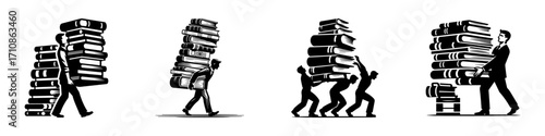 Modern Minimalist Men Carrying Stack of Books Icon, Flat Silhouette of an Educational Scene Vector for Learning Illustration Design