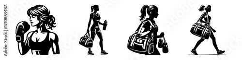Modern Minimalist Woman Carrying Sports Bag Icon, Flat Silhouette of a Female Figure Vector for Fitness Illustration Design