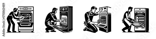Modern Minimalist Men Checking Oven Icon, Flat Silhouette of a Kitchen Baking Vector for Cooking Illustration Design