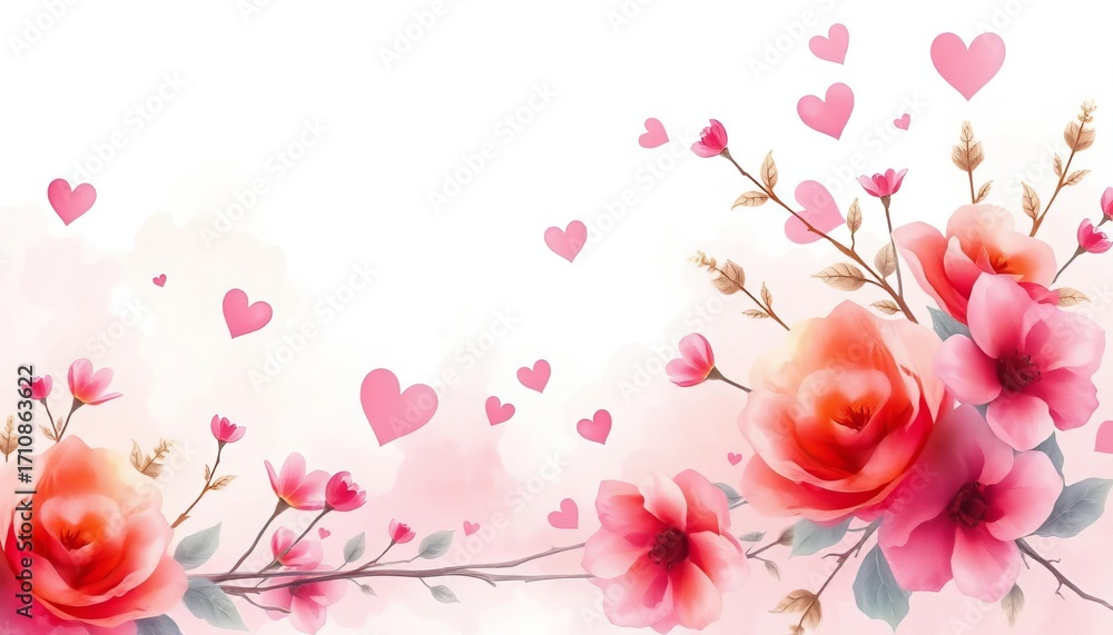 Fototapeta premium Soft watercolor wash, delicate hearts & leaves, romantic floral design, art, muted