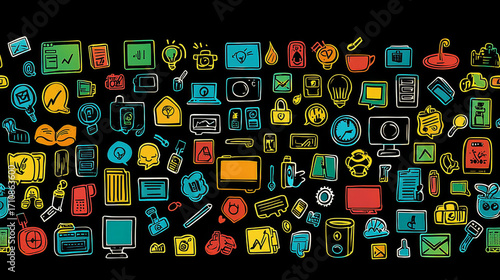 Colorful tech icons on black background create seamless scrolling effect, featuring various gadgets, symbols, and digital elements. vibrant design is playful and modern