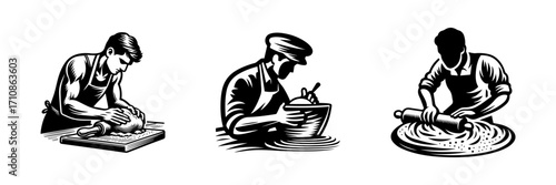 Modern Minimalist Men Kneading Dough Icon, Flat Silhouette of a Kitchen Baking Vector for Bread Illustration Design