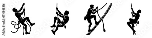 Modern Minimalist Men Climbing Rope Icon, Flat Silhouette of a Fitness Athlete Vector for Gym Illustration Design