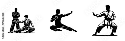 Modern Minimalist Men Practicing Martial Arts Icon, Flat Silhouette of a Fighter Vector for Sports Illustration Design