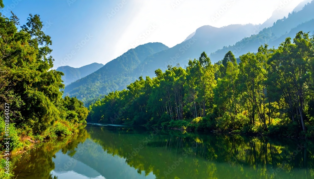 Obraz premium Close-up of scenic river with lush greenery and mountain view
