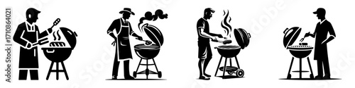 Modern Minimalist Men Cooking on Grill Icon, Flat Silhouette of a Barbecue Vector for Outdoor Food Illustration Design
