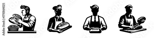 Modern Minimalist Man Baking Bread Icon, Flat Silhouette of a Half-Body Male Figure Vector for Culinary Illustration Design