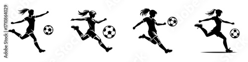 Modern Minimalist Woman Kicking Soccer Ball Icon, Flat Silhouette of an Athlete Figure Vector for Sports Illustration Design