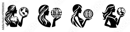 Modern Minimalist Woman Holding Globe Icon, Flat Silhouette of a Half-Body Female Figure Vector for Global Illustration Design