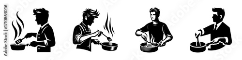 Modern Minimalist Men Frying in Pan Icon, Flat Silhouette of a Kitchen Cooking Vector for Food Illustration Design