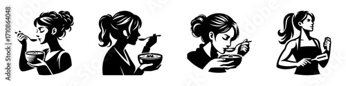 Modern Minimalist Woman Tasting Soup Icon, Flat Silhouette of a Half-Body Female Figure Vector for Cooking Illustration Design