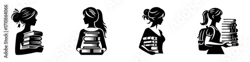 Modern Minimalist Woman Carrying Stack of Books Icon, Flat Silhouette of a Student Figure Vector for Education Illustration Design