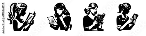 Modern Minimalist Woman Reading Newspaper Icon, Flat Silhouette of a Half-Body Figure Vector for Media Illustration Design