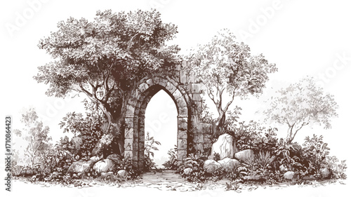 Enchanting Elven Arch Gate surrounded by Vintage Foliage and Stone