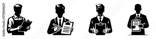 Modern Minimalist Men Holding Clipboard Icon, Flat Silhouette of a Business Scene Vector for Office Illustration Design