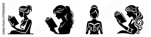 Modern Minimalist Woman Reading Book Icon, Flat Silhouette of a Half-Body Figure Vector for Education Illustration Design