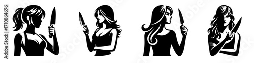 Modern Minimalist Woman Holding Knife Icon, Flat Silhouette of a Half-Body Female Figure Vector for Culinary Illustration Design