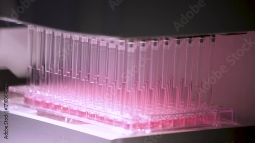 Close-up detailed view of  a laboratory pipette machine transferring equal volumes of liquid into multiple identical small flasks — perfect for themes of automation, precision, science