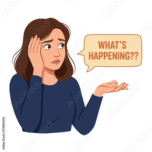 Confused woman with WHAT’S HAPPENING text on transparent background
