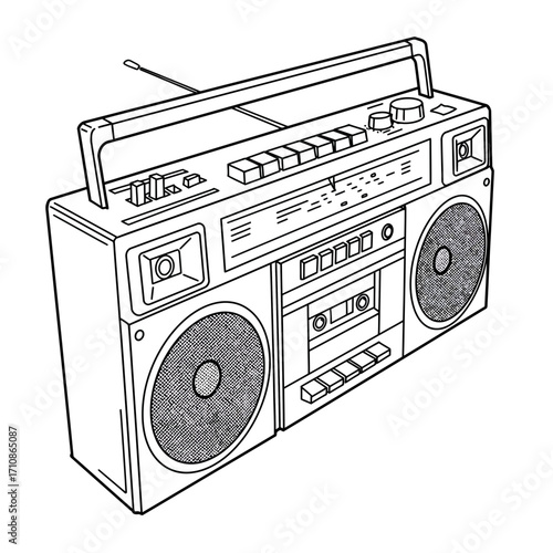 Retro Boombox Radio Cassette Player Outline Vector Illustration