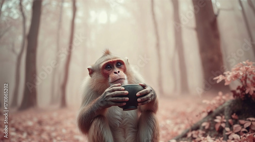 monkey drinking out of a bowl in the forest