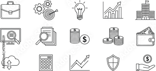 Business and finance icons, black line vector set, briefcase, coins, charts, calculator, cloud upload, innovation, security, investment tools