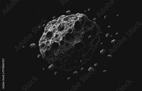 Asteroid floating in outer space, surrounded by smaller fragments held together by its gravity. Stippling style vector artwork, suitable for astronomy, astrophysics and science fiction projects