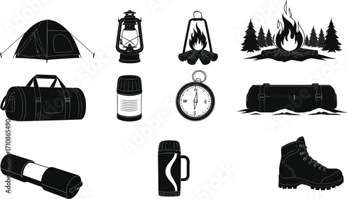 Camping gear icons, black and white vector set, tent, lantern, campfire, sleeping bag, compass, hiking boot, outdoor adventure symbols