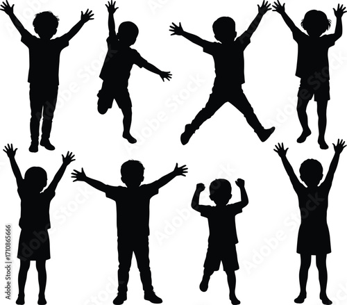 Collection of happy children jumping and celebrating silhouette
