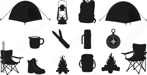 Camping gear silhouette icons, outdoor adventure equipment, hiking essentials, tent, backpack, lantern, campfire, boot, compass, travel tools, vector set