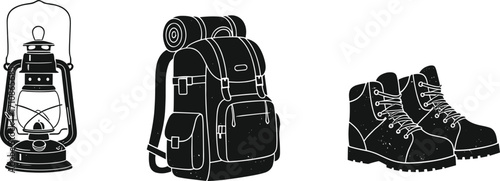 Camping gear silhouette set, hiking backpack, lantern, boots, outdoor adventure essentials, travel equipment icons, nature exploration vector pack