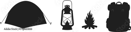 Camping gear silhouette set, tent, lantern, campfire, backpack, outdoor adventure icons, travel essentials, hiking equipment, nature exploration vector