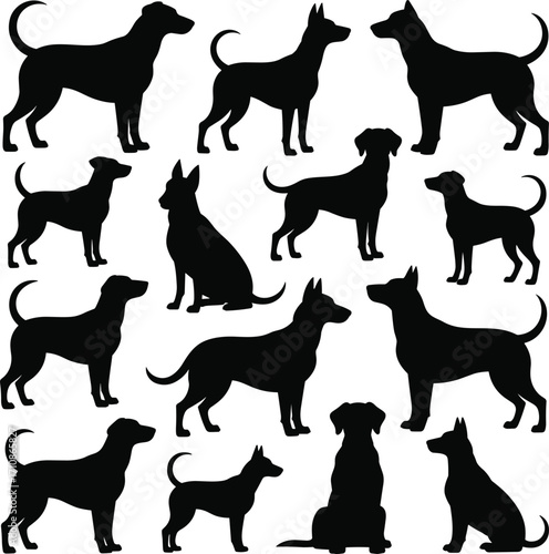 Collection of various dog breeds in silhouette against a white background silhouette