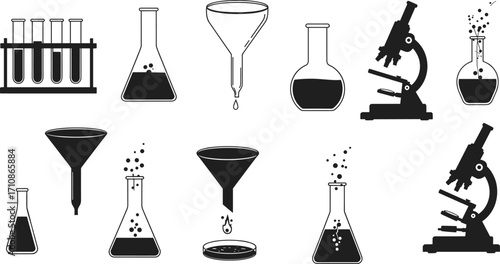 Chemical and laboratory equipment, science and medical research, lab experiments, glassware and microscopes, black and white vector icon set