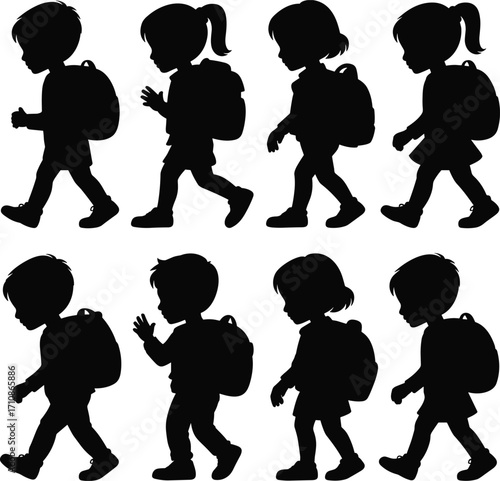 Diverse group of children walking with backpacks in silhouette