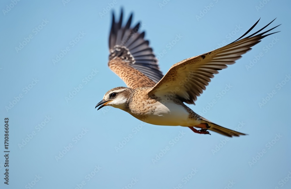 Obraz premium Bird in flight against blue sky. A single bird soars effortlessly displaying wings. Wildlife scene features avian creature. Natural background with copy space. Ornithology subject. Freedom and motion.