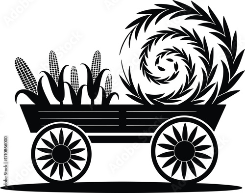 Farm harvest wagon filled with corn and hay silhouette