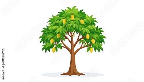 A vibrant illustration of a mango tree, displaying lush green foliage and ripe yellow mangoes.