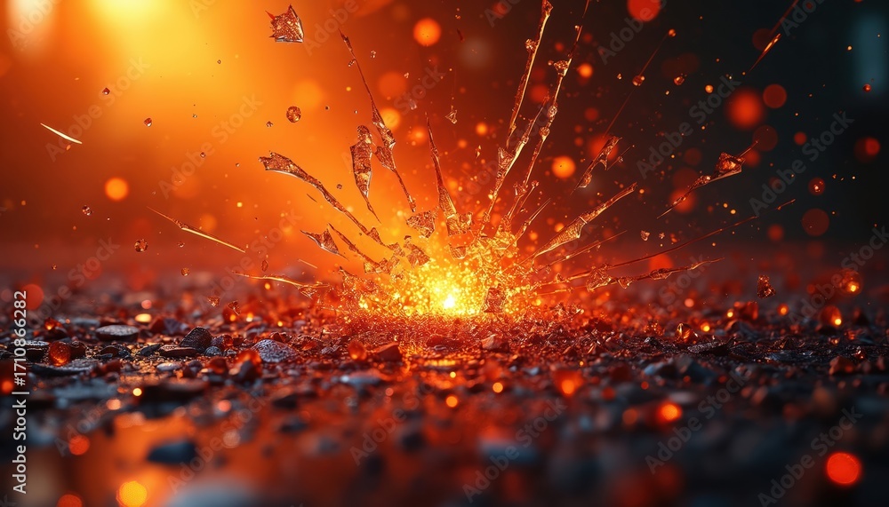 Fototapeta premium Energetic burst in shades of orange. Explosion of light. Shards of glass fly outwards. Abstract presentation of impact. Intense warm colors create visual effect for destruction concept. Forceful