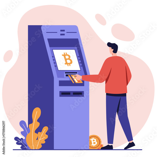 Man using cryptocurrency ATM to withdraw Bitcoin cash  