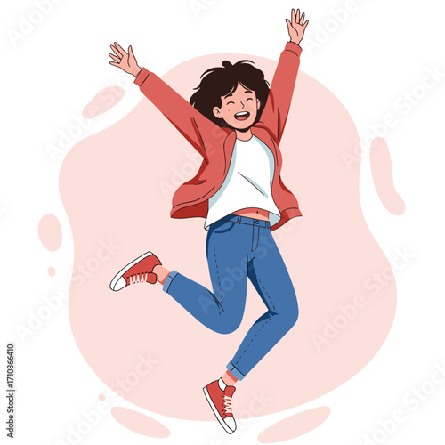 Happy young girl jumping with excitement in casual outfit  