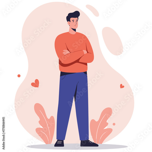 Young man standing with arms crossed in abstract background  