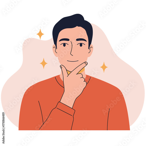 Young man thoughtfully smiling with hand on chin and sparkles  