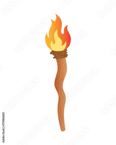 Burning wooden torch with realistic flame. Symbol of light, survival, adventure, freedom, leadership, and guidance. Perfect for camping, tribal, jungle, olympic, and motivational design themes.