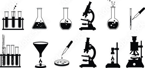 
Laboratory glassware and research tools, test tubes, microscopes, flask, and dropper for chemistry and science