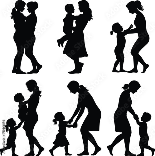 Six diverse mother and child silhouette poses showing love and connection silhouette