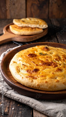 Traditional Flatbread with Rustic Texture and Golden Surface Served on Wooden Plate for Premium Bakery Object and Artisan Concept
